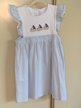 Stitchy Fish Sailboat Dress Blue Stripe Flutter Sleeve Size 5
